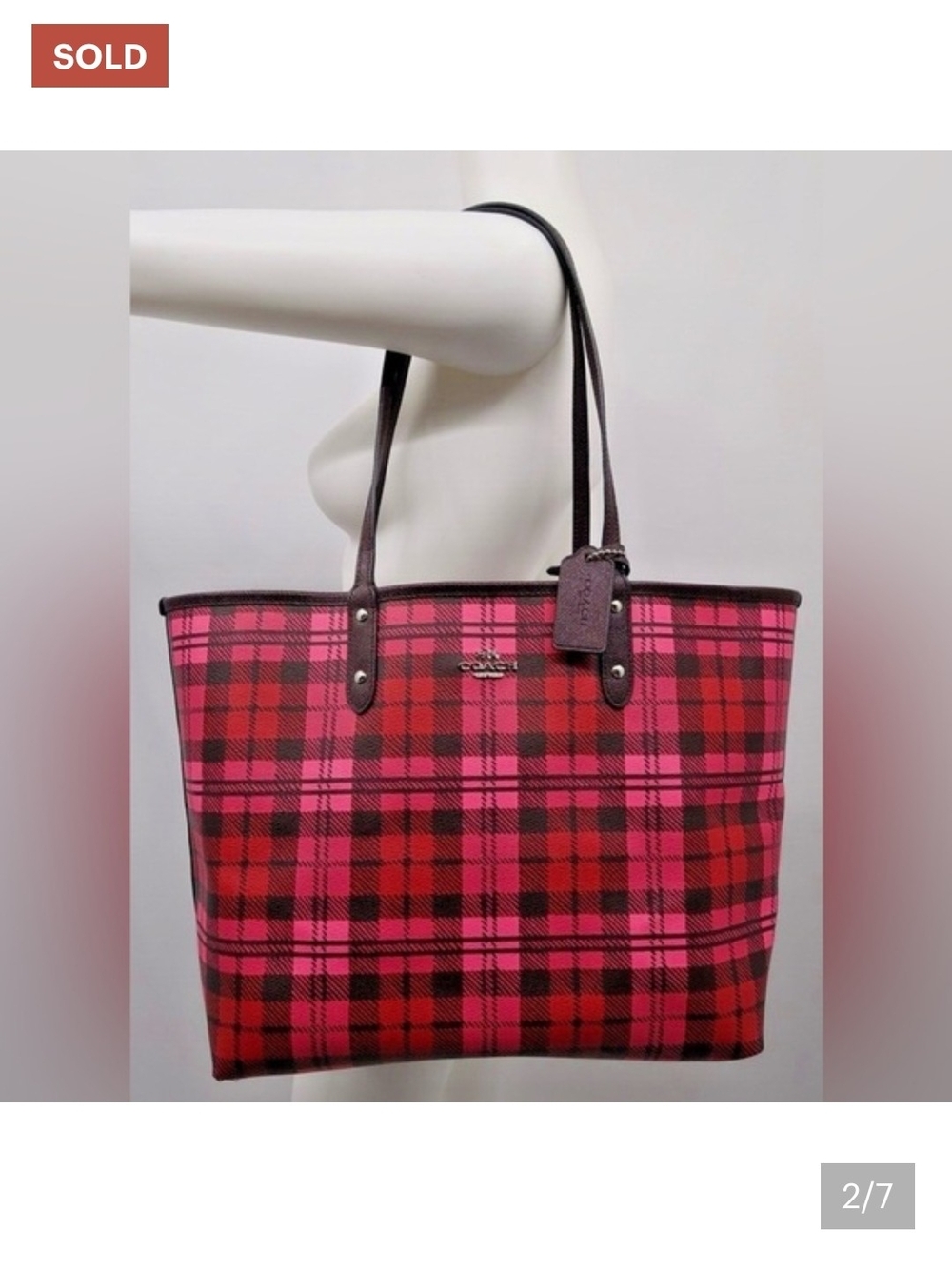 EUC Coach Reversible City Tote Bag – Burgundy & Pink Plaid